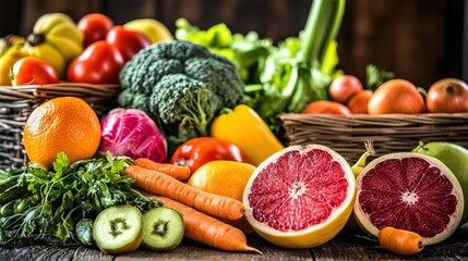 Close-up of vibrant fresh vegetables and fruits on wooden table, healthy blood pressure foods, natural nutrition and wellness.