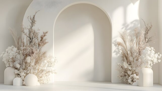 A sleek image of a minimalist-style arch backdrop designed for event decoration, featuring clean lines and soft neutral colors, creating a simple yet elegant focal point that enhances the overall 