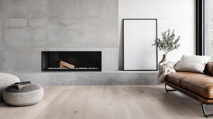 Loft living room featuring a concrete fireplace, light wood flooring, and a sleek leather sofa   concrete fireplace, leather sofa, light wood floor