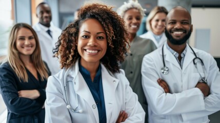 Fototapeta premium Portrait of a group of happy doctors, nurses, and other medical staff in a hospital.