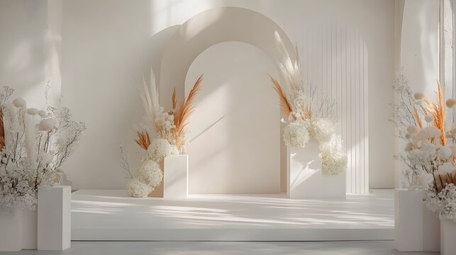 A sleek image of a minimalist-style arch backdrop designed for event decoration, featuring clean lines and soft neutral colors, creating a simple yet elegant focal point that enhances the overall 