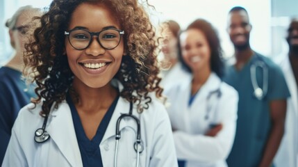 Fototapeta premium Portrait of a group of happy doctors, nurses, and other medical staff in a hospital.