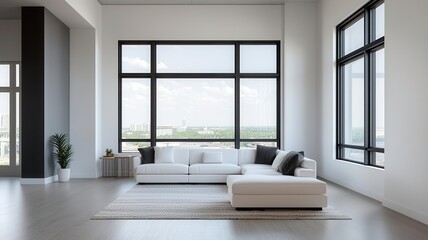Loft living room with floortoceiling windows, white furniture, and industrial accents   industrial accents, white furniture, minimalist loft
