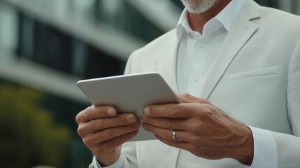 Digital business strategy: professional in white suit with tablet for operations management