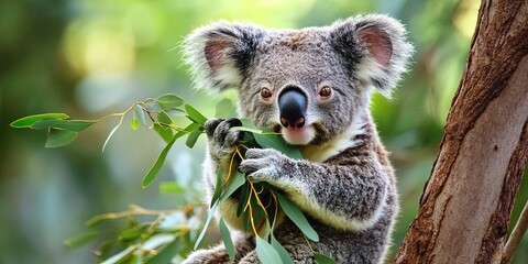 koala eating eucalyptus leaves from eucalyptus tree