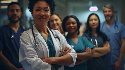 Fototapeta premium Portrait of a group of happy doctors, nurses, and other medical staff in a hospital.