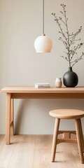 Minimalist Japandi office with clean lines, wooden desk, and minimal decor for a calming workspace   wooden desk, clean lines, minimalist office