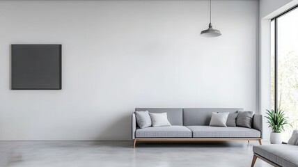 Minimalist living room with polished concrete floors, sleek furnishings, and an industrialstyle pendant light   concrete floor, industrial lighting, minimalist furniture
