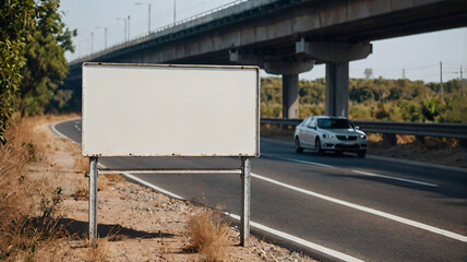 Obraz premium Blank white mock up billboard or road sign on roadside of freeway. Advertising board template for ads, promotion & marketing.