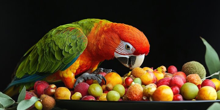 parrot eating seeds and fruit 