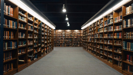 Blur background of old library or school book gallery with full of bookshelves. Educational study backdrop.