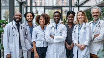 Obraz premium Portrait of a group of happy doctors, nurses, and other medical staff in a hospital.
