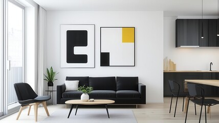 Minimalist living room with natural wood floors, black furniture, and modern abstract art   natural wood, black furniture, abstract art