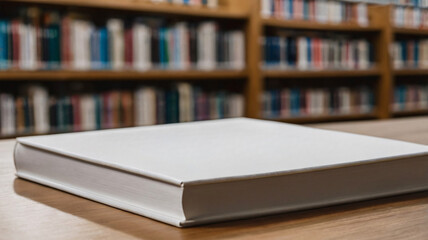 Fototapeta premium Closeup blank hardcover of a novel book on table with a backdrop of blurred old library or book gallery.