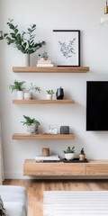Minimalist loft living room with a floating wood shelf, blackandwhite decor, and industrial accents   floating shelf, blackandwhite decor, industrial style
