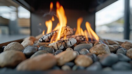Modern gas fireplace with flames and pebble stones for cozy home decor and heating solutions