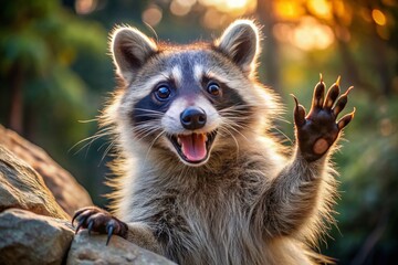 Fototapeta premium Playful Raccoon Reaching Out with Open Mouth in Candid Photography
