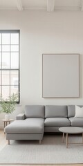 Minimalist loft with a grey sectional sofa, simple coffee table, and large wall art for a modern look   grey sectional, simple coffee table, modern art