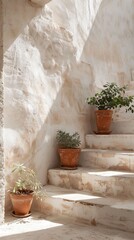 Minimalist Interior Design with Terracotta Pots on Beige Steps, White Walls, and Beige Stucco Accents Creating a Clean, Earthy Aesthetic