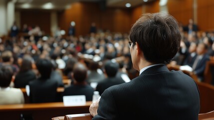 Professional seminar: man delivering a lecture to a packed auditorium for educational purposes