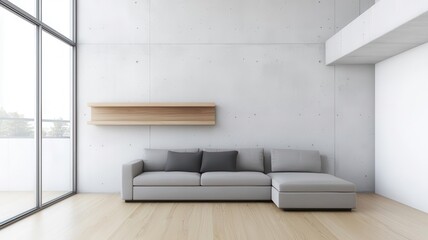 Minimalist loft with concrete walls, a floating wood shelf, and a modern sectional sofa   concrete walls, wood shelf, modern sectional