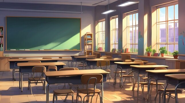 a watercolor painting of a classroom with desks and a chalkboard on the wall, - Powered by Adobe