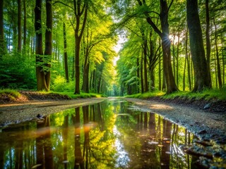 Obraz premium Puddle Reflections on a Dirt Road in a Lush Eastern Polish Forest