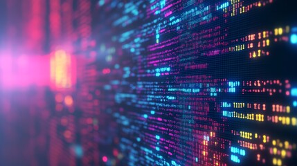 Abstract glowing lines of colorful code on a black background.