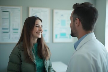Fototapeta premium A young Caucasian woman smiling and talking to a man in a medical uniform, likely a doctor