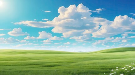 Fototapeta premium an anime landscape with a path leading to a field of green grass and blue sky,