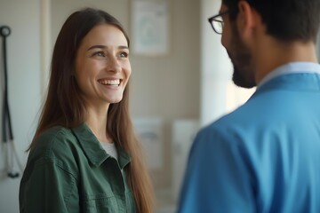 Fototapeta premium A young Caucasian woman smiling and talking to a man in a medical uniform, likely a doctor