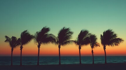 Obraz premium A row of palm trees swaying in the breeze along a tropical beach at sunset