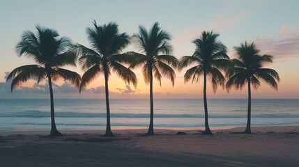 A row of palm trees swaying in the breeze along a tropical beach at sunset