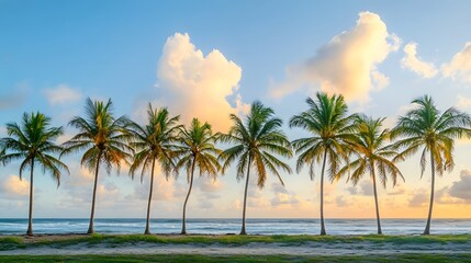 A row of palm trees swaying in the breeze along a tropical beach at sunset
