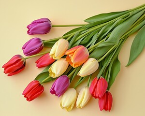 Obraz premium A vibrant bouquet of tulips in various colors, including purple, red, and yellow, arranged gracefully against a soft, pastel backdrop.