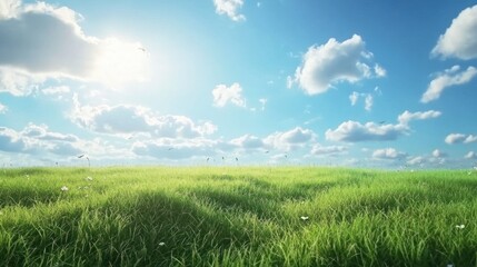 Obraz premium Illustration of green meadow in spring, with warm sunshine. Ai generated image