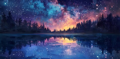 Fototapeta premium A painting of a night sky with stars above a lake.
