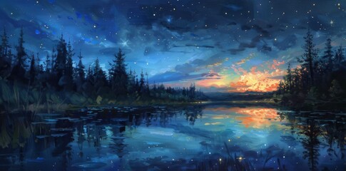 A painting of a night sky with stars above a lake.