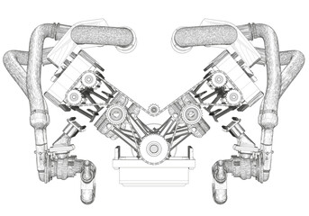 Black V-shaped car engine on white background.
