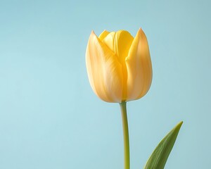 A single yellow tulip stands gracefully against a soft blue background, embodying beauty and simplicity.