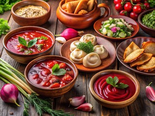 Traditional Russian Cuisine Spread Featuring Borscht, Pelmeni, Blini, and Various Pickled Delicacies