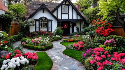 Charming Cottage with Beautiful Flowers and Stone Pathway