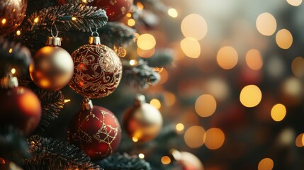 Fototapeta premium A detailed 3D close-up of a Christmas tree, with intricately designed ornaments and fairy lights, set against a softly blurred background to create a warm and festive atmosphere, perfect for copy
