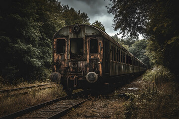 An abandoned train on a railway track