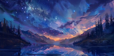 A painting of a night sky with stars above a lake.