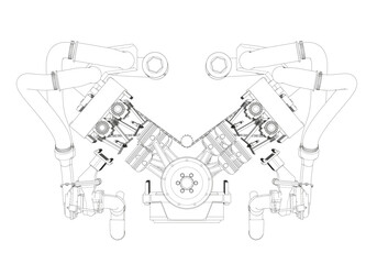 Black V-shaped car engine on white background.