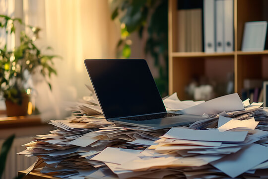 Aktenberge auf dem Schreibtisch, zu viel Arbeit und &Uuml;berarbeitung, fehlende Digitalisierung, Aktenberge und Aktenwahnsinn, drohender Burnout im B&uuml;ro