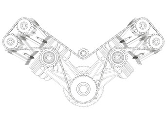 Black V-shaped car engine on white background.