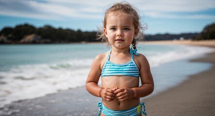 Australian toddler girl in beachwear calm expression portrait photo coastal background