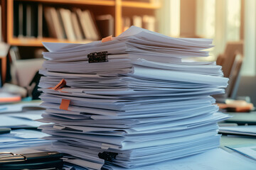 Aktenberge auf dem Schreibtisch, zu viel Arbeit und Überarbeitung, fehlende Digitalisierung, Aktenstapel im Büro und Aktenwahnsinn